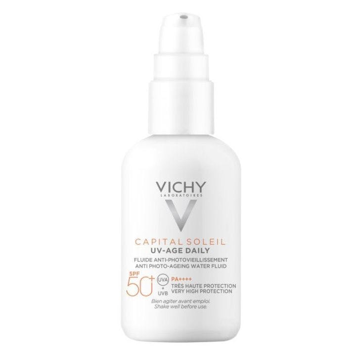 Vichy Capital Soleil UV-Age Daily Сонцезахисний невагомий флюїд проти ознак фотостаріння шкіри обличчя з універсальним тонувальним пігментом, SPF 50+