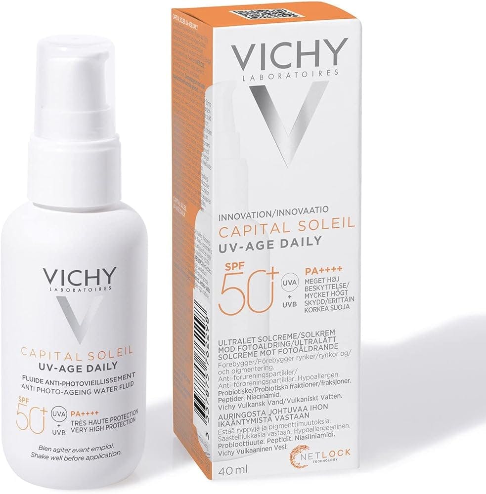 Vichy Capital Soleil UV-age Daily SPF50 Сонцезахисний невагомий флюїд проти ознак фотостаріння шкіри обличчя, SPF 50+
