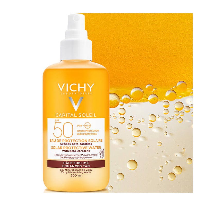 Vichy Capital Soleil Solar Protective Water SPF 50 Enhanced Tan Сонцезахисний водний двофазний спрей для обличчя й тіла з бета-каротином, який підсилює засмагу, SPF50