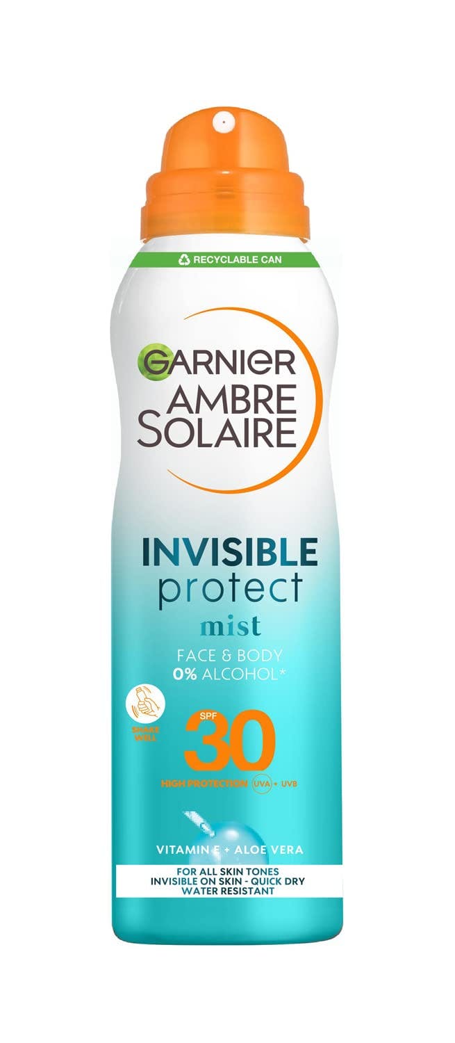Garnier Ambre Solaire Invisible Protect Mist Сонцезахисний освіжаючий водостійкий спрей-вуаль для шкіри тіла та обличчя, високий ступінь захисту SPF30