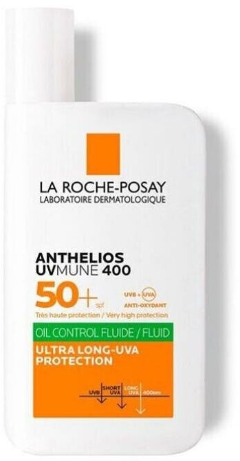 La Roche-Posay Anthelios UVmune 400 Oil Control Fluid Сонцезахисний легкий флюїд з матуючим ефектом для жирної чутливої шкіри обличчя, дуже високий рівень захисту від UVB та дуже довгих UVA променів SPF 50+